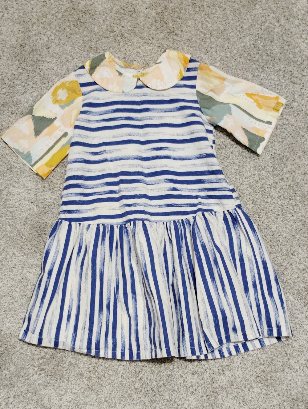 Girls' Blue and White Striped Casual Dress with Patterned Sleeves